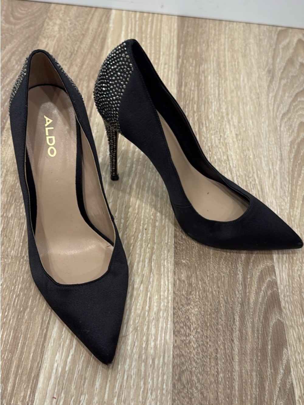 Aldo Black Pointed Toe Stiletto Pumps with Crystal Heel
